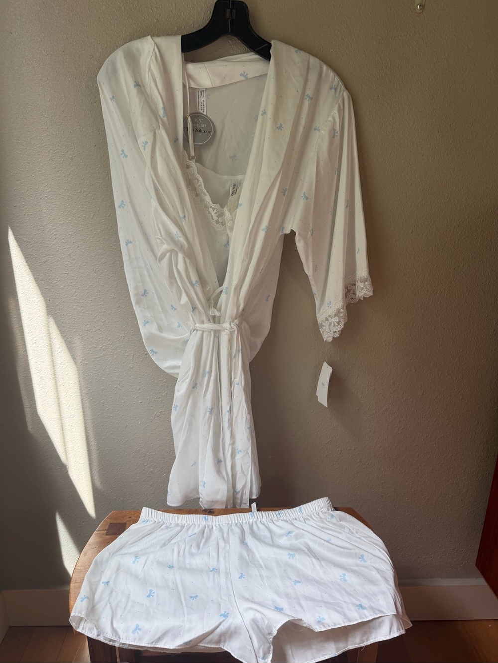 Flora Nikrooz White Robe & Short Sleep Set with Light Blue Floral Print